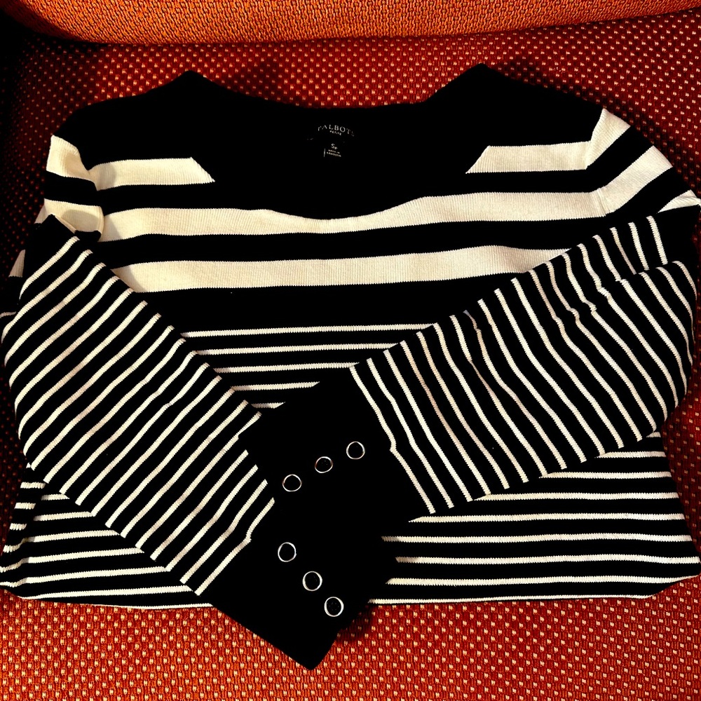 Black and white, small petite Talbots 3/4 length sleeve, sweater. Worn gently